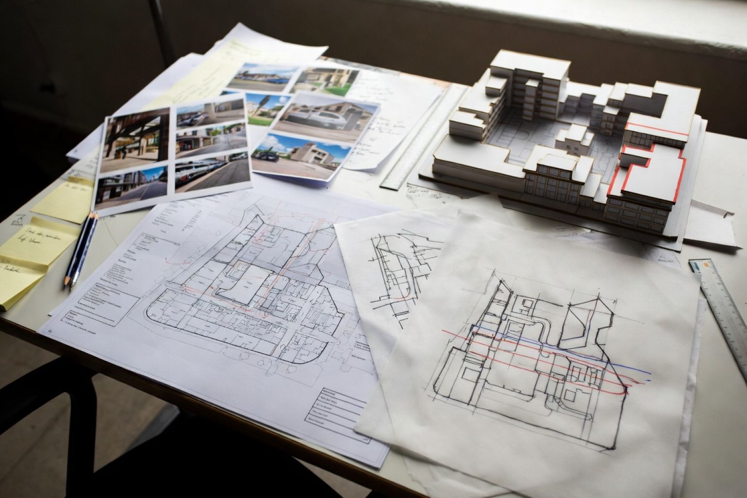 Zoning overlays, heat maps, massing model and urban planning sketches for mixed-use review.