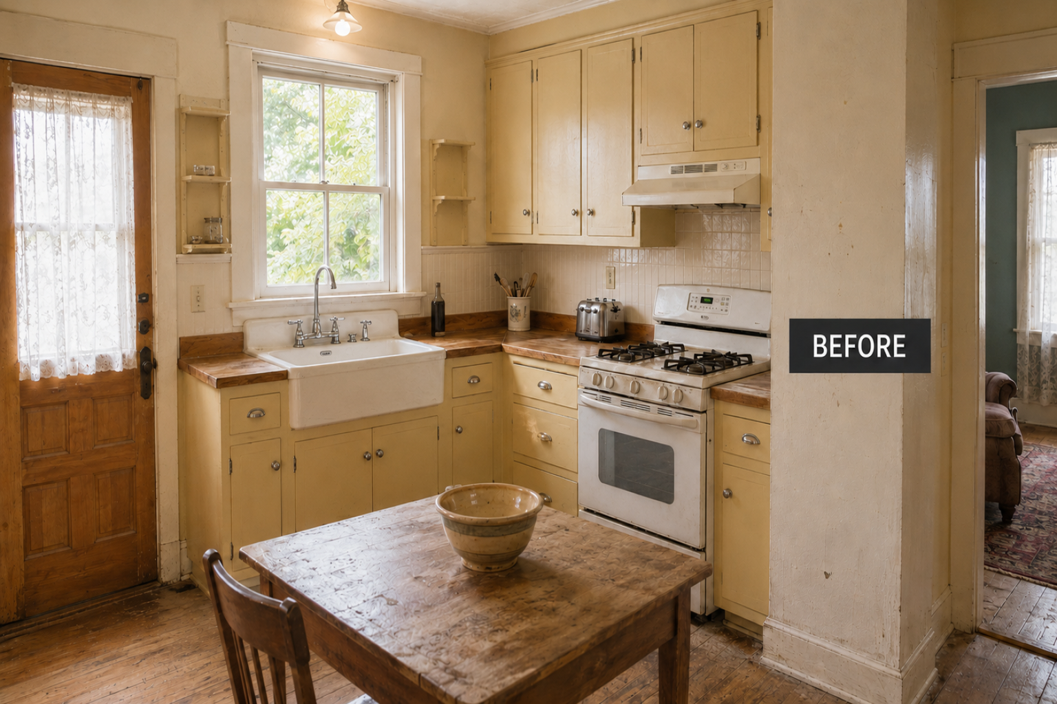 Worn kitchen in a house built around 1900, with painted cabinets, a later white gas range, a farmhouse sink beneath the window and old wood flooring.