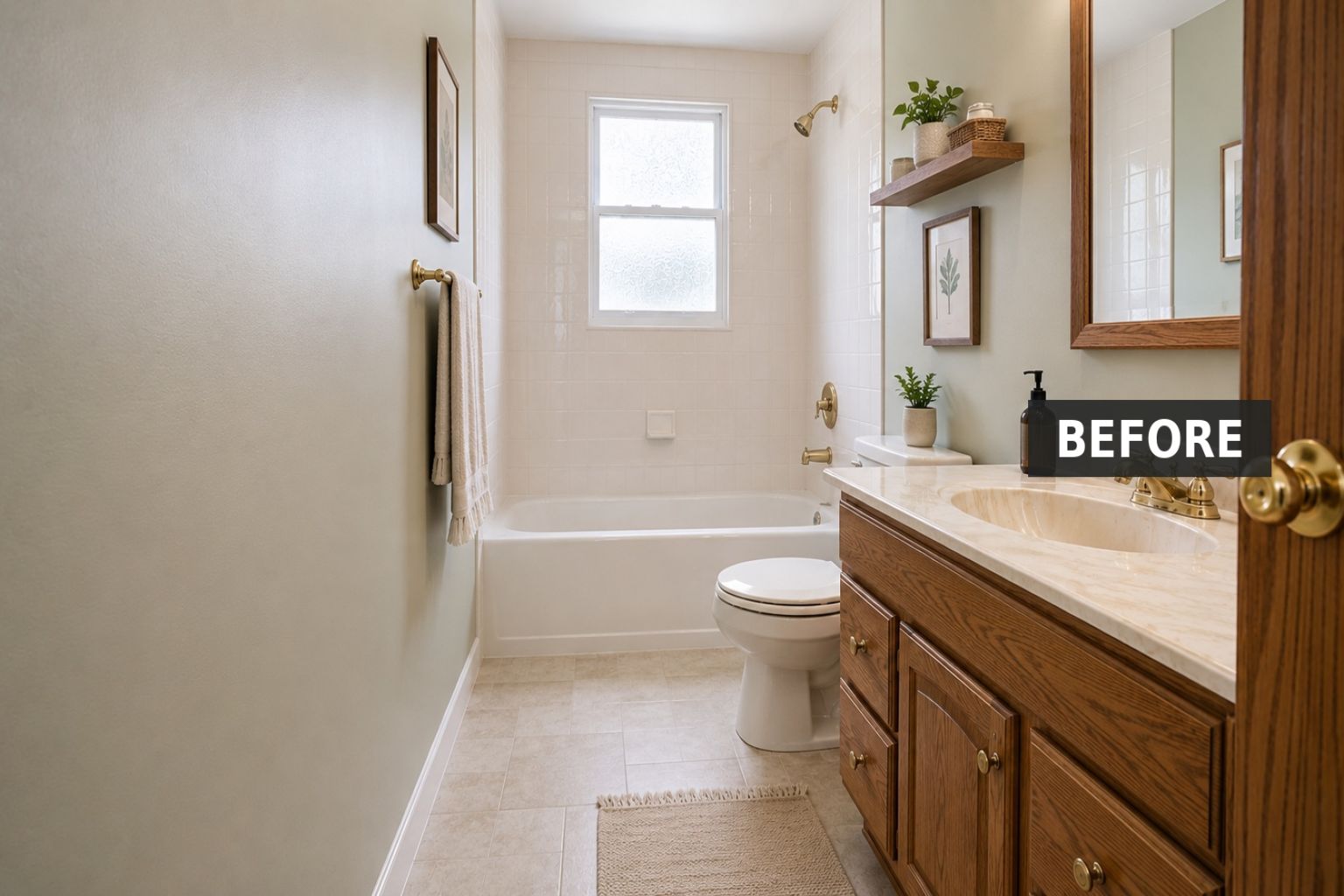 1980s hall bathroom with oak vanity, brass fixtures, almond toilet, and beige tile tub surround.