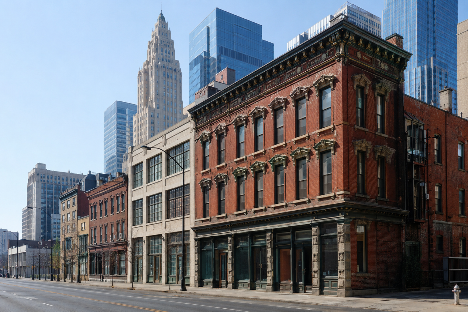 Historic red-brick commercial buildings standing in front of Art Deco and modern glass towers in an American city.