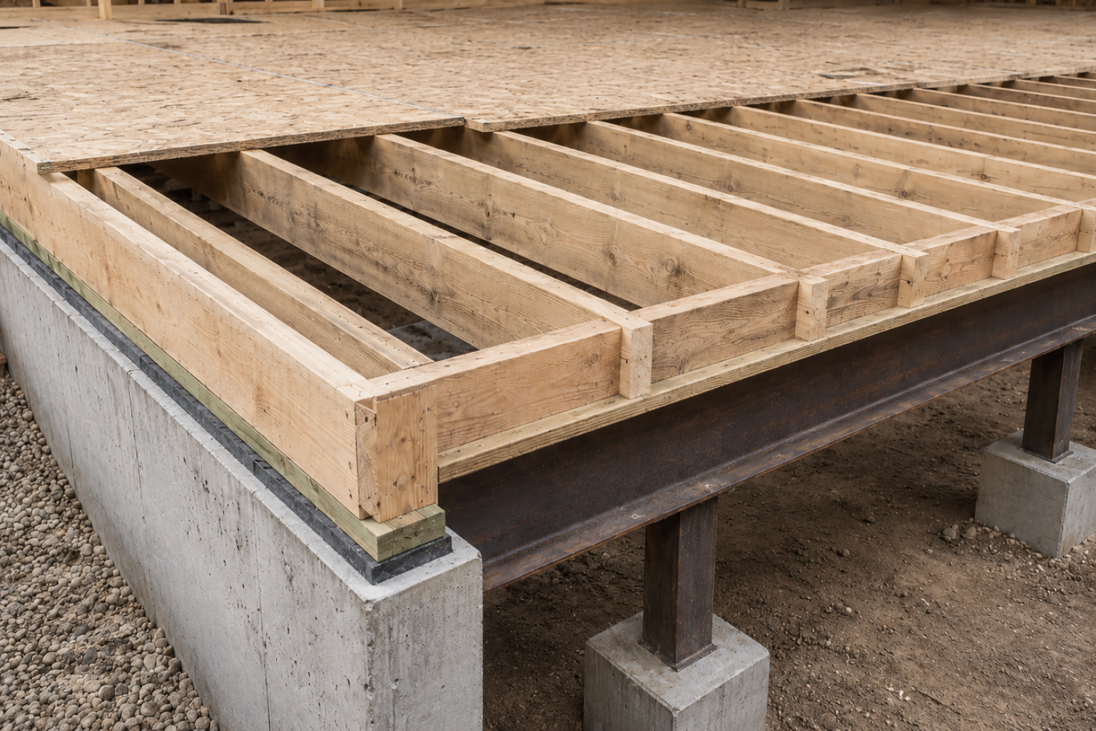 Wood floor framing system with joists, subfloor, rim joist, foundation, and beam support.