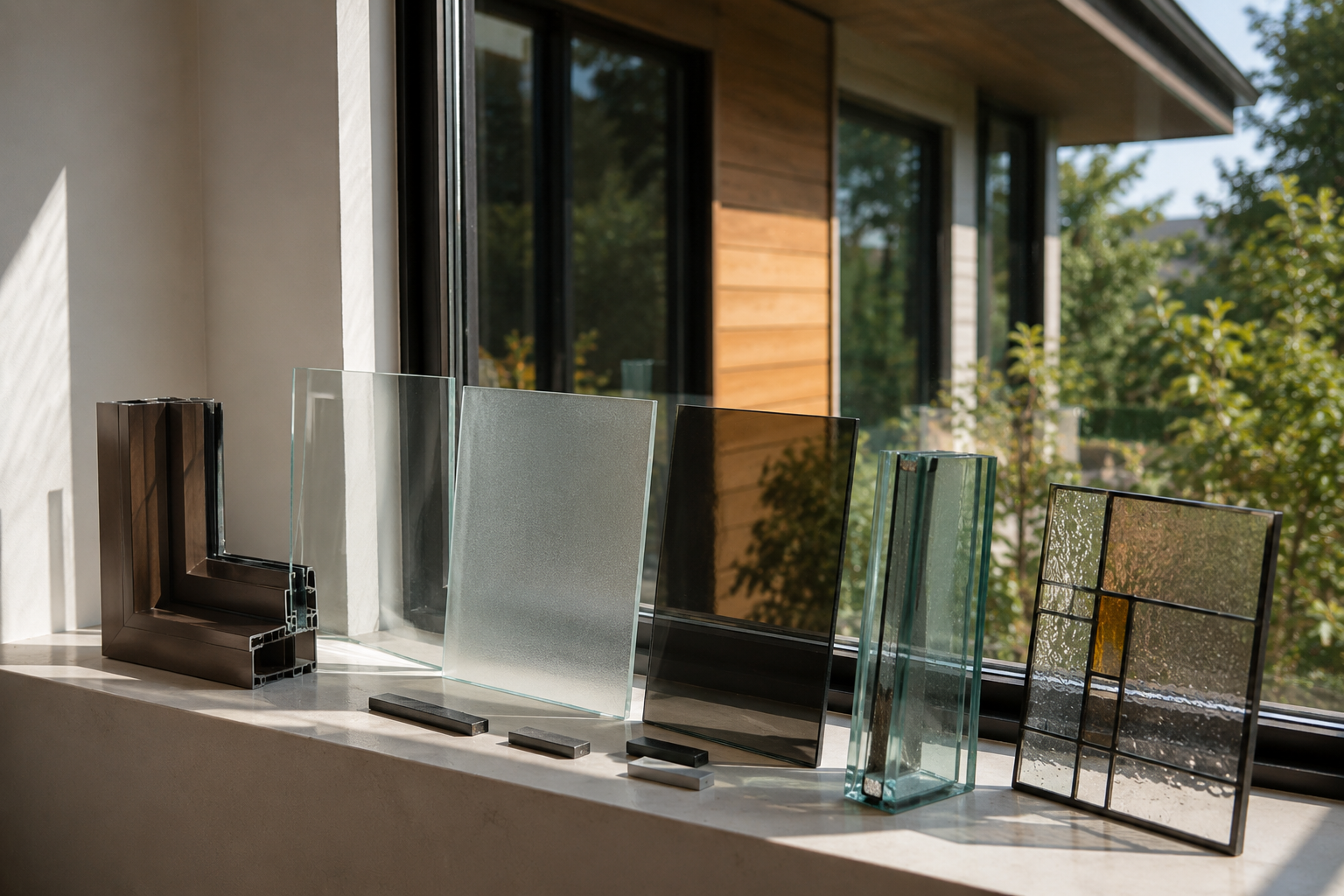 Glass samples and window frame options arranged beside a modern residential window.