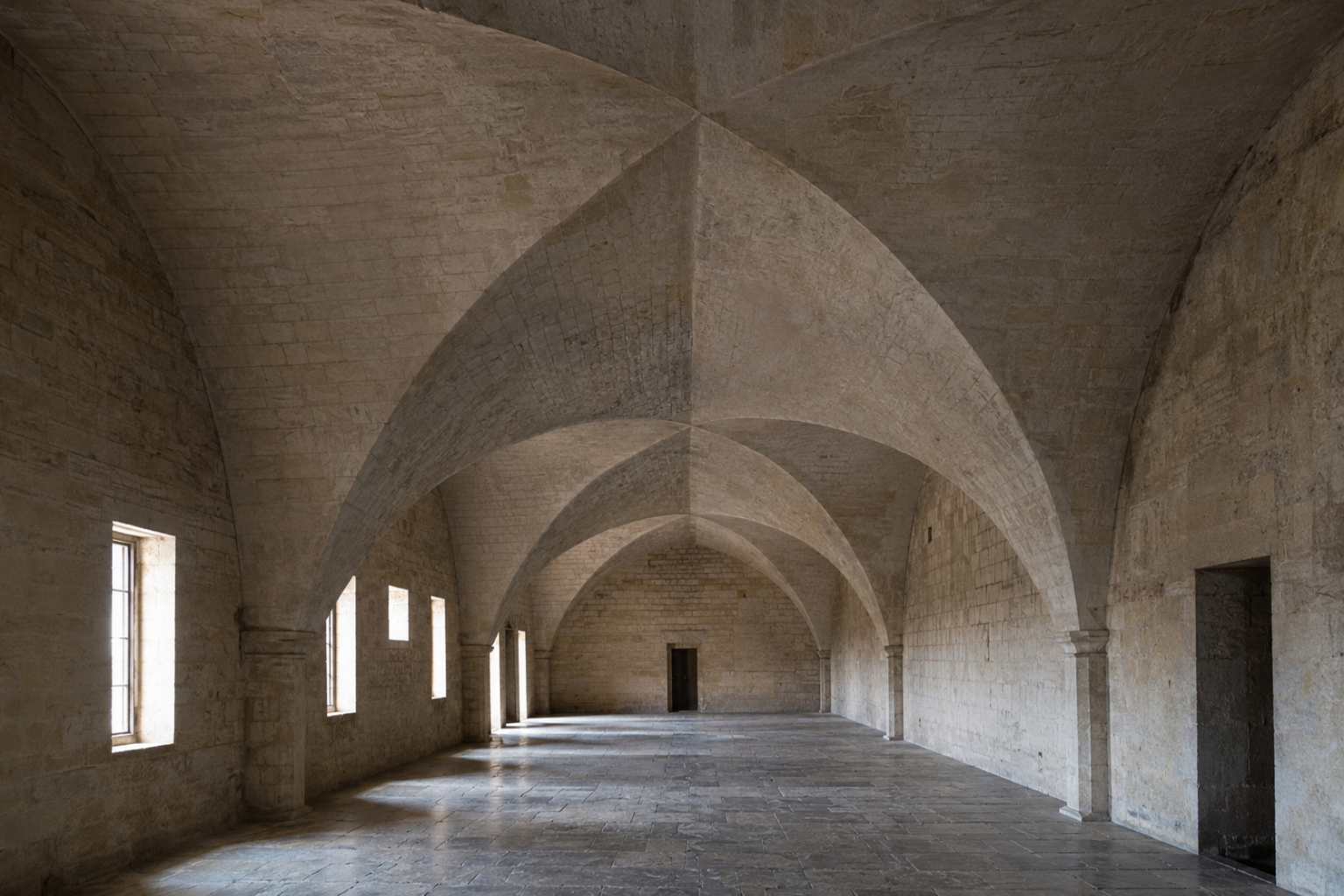 Stone hall with repeated groin vaults spanning an open floor between heavy masonry supports.