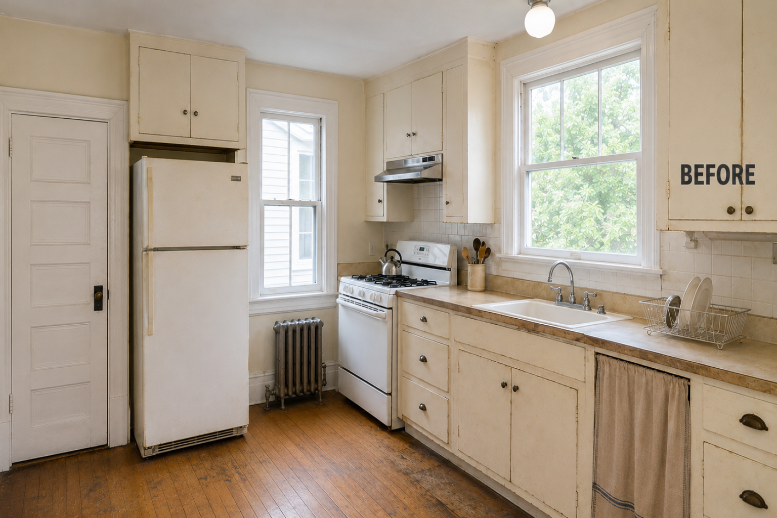 Dated 1910s-house kitchen with worn painted cabinets, wood floors, sash windows, and a cast-iron radiator.