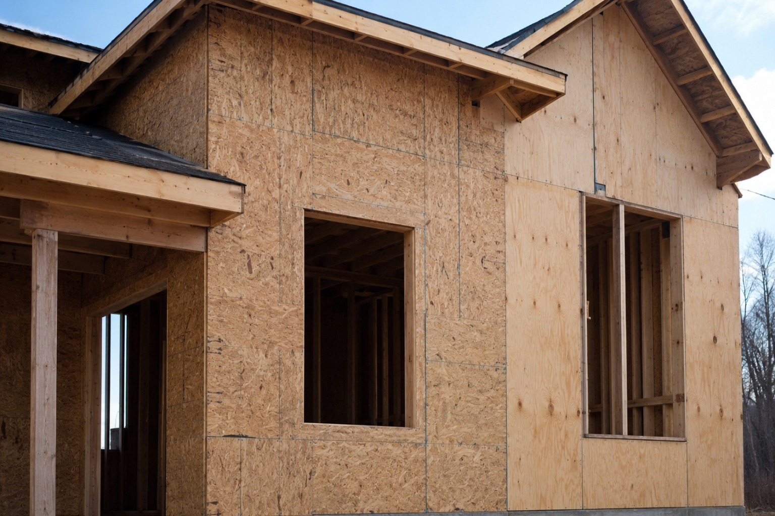 OSB and plywood exterior wall sheathing panels installed around window openings.