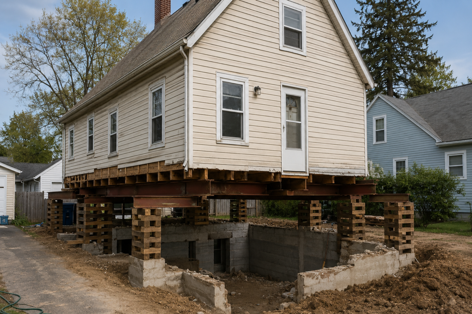 House raised on steel beams and timber cribbing during foundation work.