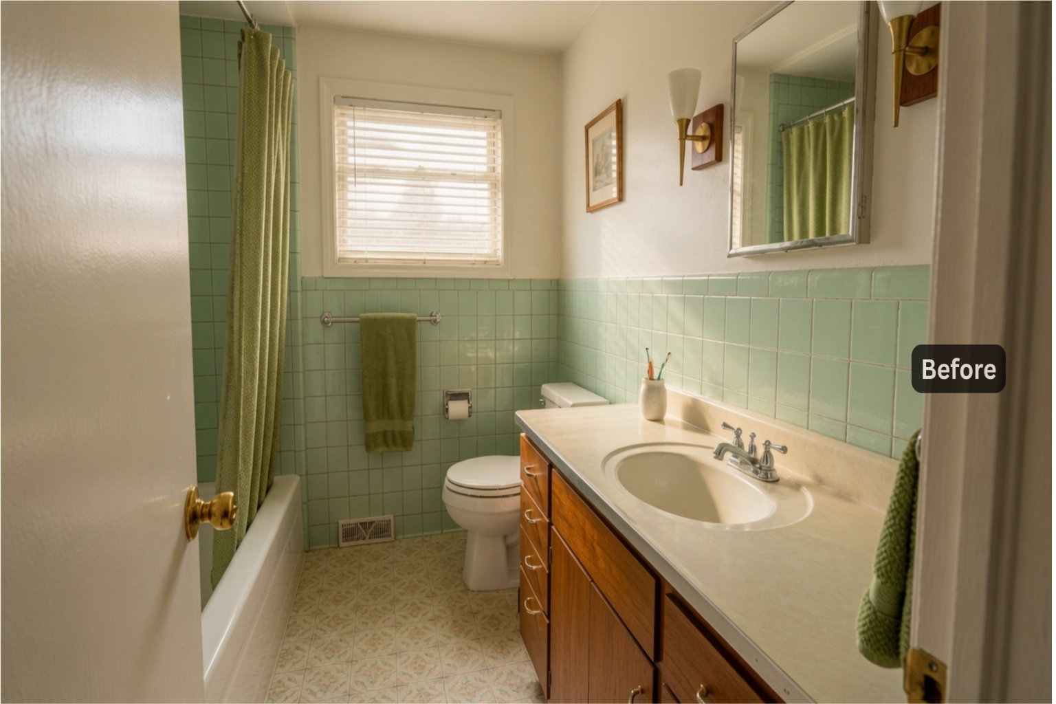 Original mid-century ranch bathroom with mint tile and wood vanity.