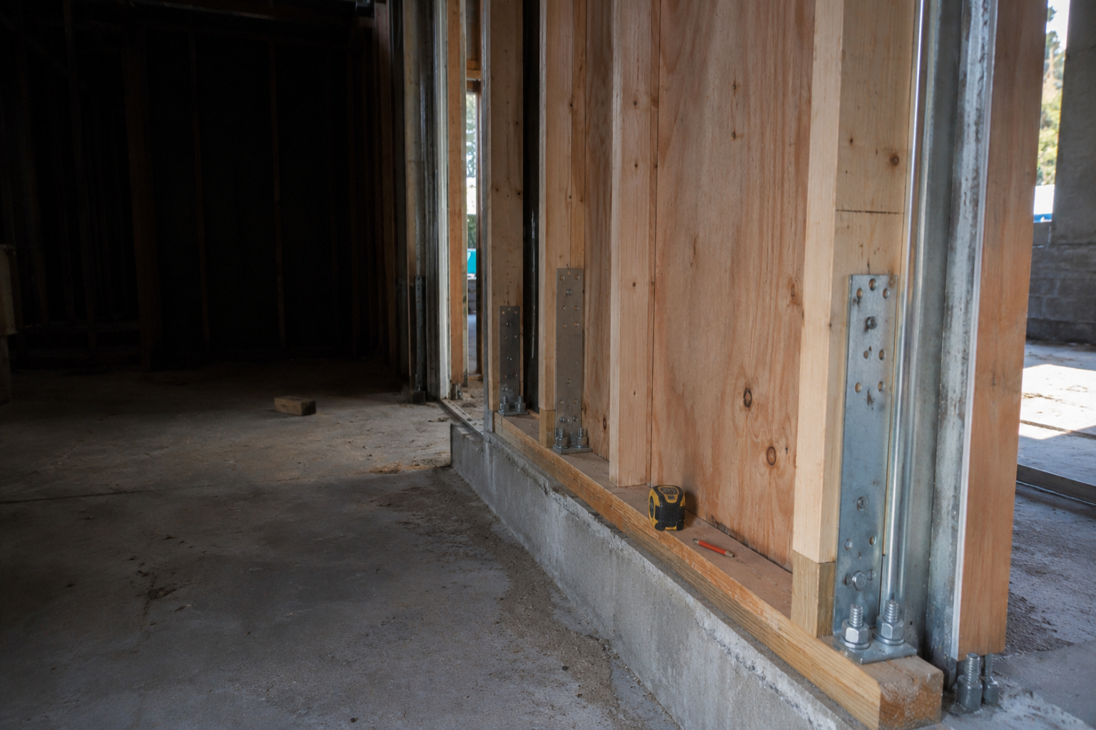 Seismic retrofit framing with plywood shear panels, hold-down anchors, and concrete foundation.