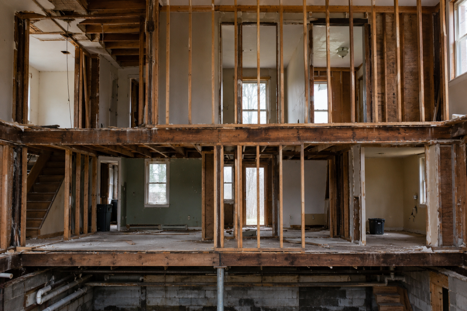 Two-story house renovation with exposed framing and basement support below.