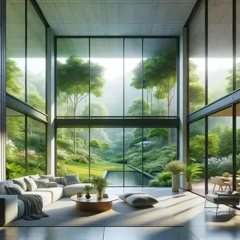 Illustrates a modern living room with expansive floor-to-ceiling windows, offering panoramic views of a lush garden