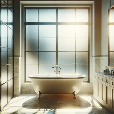 A modren bright sunlit bathroom showcasing frosted glass windows-The-light diffuses through the frosted glass, casting a soft glow across a clawfoot tub