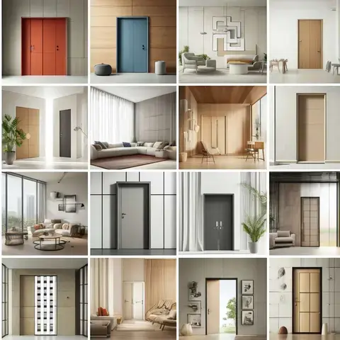 A collage of contemporary Masonite doors showcasing different styles, colors, and installations in modern buildings