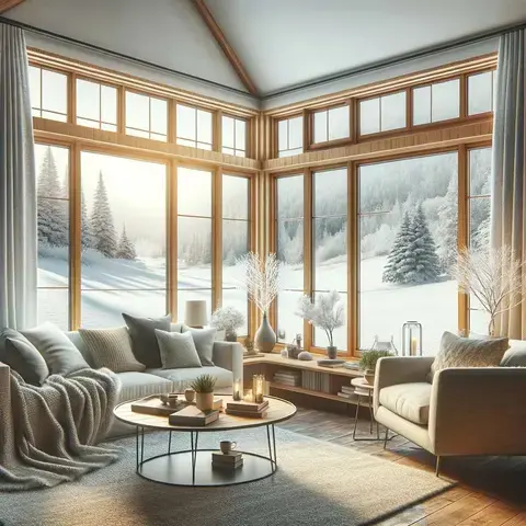 Double-Glazed Windows: The family room with a view of the snowy landscape through double-glazed windows demonstrates the thermal insulation benefits