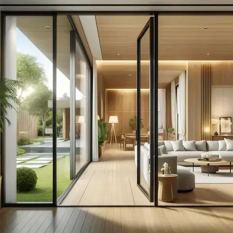 A modern living space with Masonite doors seamlessly connecting indoor and outdoor areas, emphasizing their functional & aesthetic