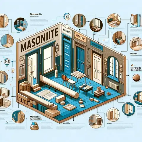A timeline graphic illustrating key milestones in the history of Masonite doors, including their invention and evolution