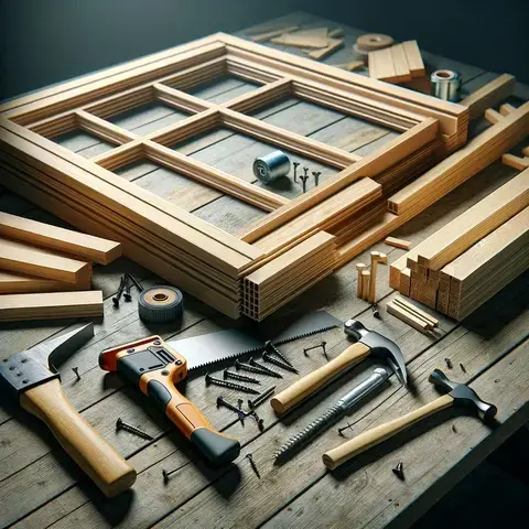 Tools and materials laid out with a partially assembled window frame