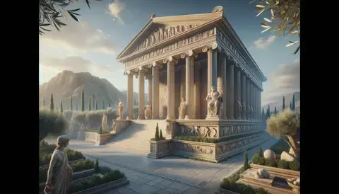 Depiction of ancient Greek architecture, featuring a grand temple with iconic Doric columns and intricate friezes.