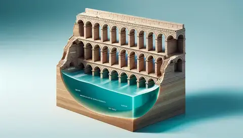 Depicts Aqua Claudia's section with groin vaults, showcasing Roman aqueduct engineering.
