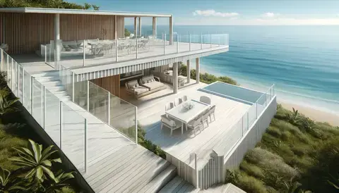 Refreshing coastal deck design with white composite decking, open spaces, and ocean views.