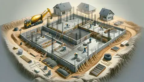 Illustration depicting step-by-step process of laying concrete slab foundation: site preparation, formwork, pouring concrete, and finishing.