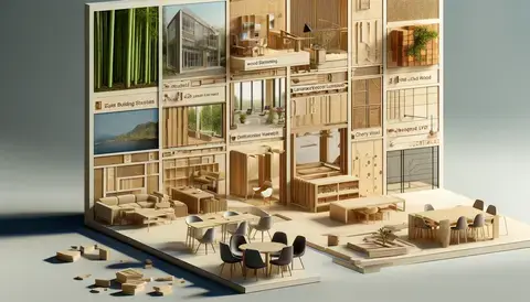 A high-quality 3D render displaying diverse wood applications in construction and design, featuring various wood types and uses.