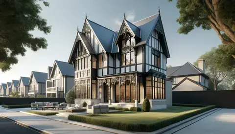 A contemporary house with lavishly decorated cross gables, seamlessly blending modern design with Tudor charm.