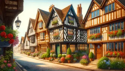 Charming Tudor-style houses line an English village street, showcasing classic architectural elegance.