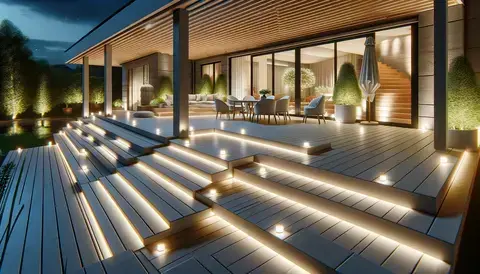 Deck design showcasing white composite decking with integrated LED lighting for a modern outdoor ambiance.