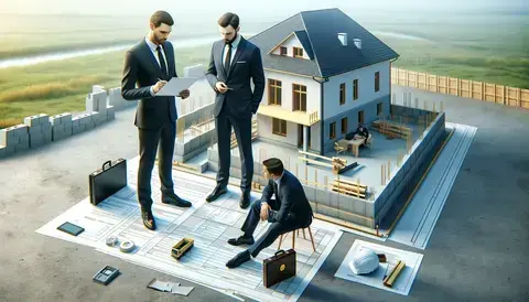 High-quality 3D render of inspector and construction managers reviewing newly laid foundation with emphasis on inspection and collaboration.