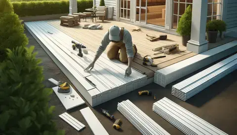 Illustration of a worker laying white composite decking boards, starting from the edge of a deck.