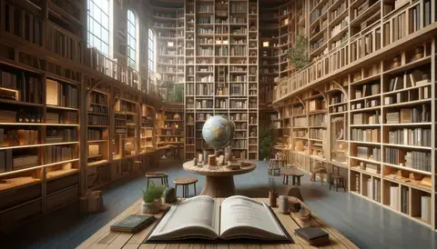 A captivating scene featuring towering bookshelves filled with books on wood properties and usage.