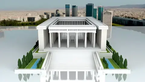 A symmetrical structure adorned with Doric columns, echoing the grandeur of Greek architecture in a modern setting.