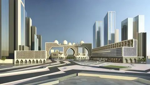 Featuring contemporary buildings with Islamic architectural influences, blending tradition and modernity.