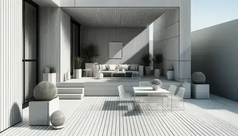 Sleek outdoor deck with white composite decking and minimalist furniture, accented with metal elements.