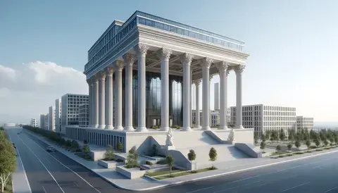 A contemporary structure blending ancient Greek columns, showcasing a fusion of old and new architectural styles.