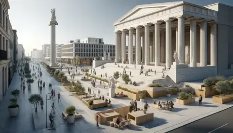 A contemporary plaza reminiscent of the Greek agora, with minimalist benches and modern sculptures, blending past and present.