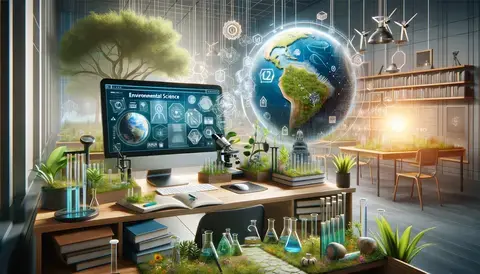 A modern, digital classroom environment in a visually stunning 3D render, representing an online environmental science degree.