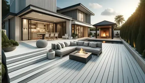 Luxurious outdoor setup with a sofa, fire pit, and dining area on white composite decking.