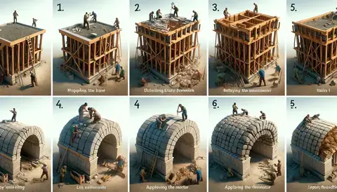 Step-by-step 3D illustrations of Roman groin vault construction techniques.