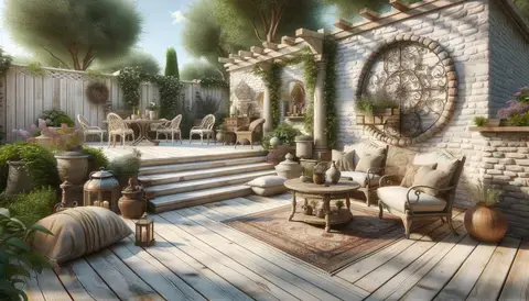 A rustic deck design featuring white composite decking, with elements of stone, aged wood, and classic wrought iron.