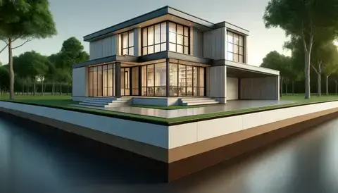 Modern home design featuring large windows showcasing foundation elements for architectural focus.