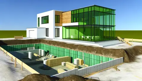 Visual depiction of home construction site integrating sustainable materials and contemporary design for eco-conscious living.