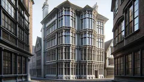 Tudor-style building with tall, narrow windows, adding a touch of historical elegance to the architecture.