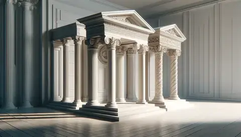 Illustrating the distinct sections of a gallery, each showcasing one of the three primary orders of Greek architecture.