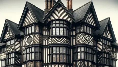 Tudor-style Distinctive Features: Detailed close-up of a Tudor-style building, highlighting alternating bands of dark wood and white plaster.
