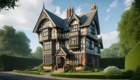 A Tudor-style house adorned with lavishly decorated cross gables, exuding architectural charm.
