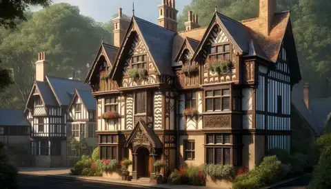 Grand Tudor-style mansion amid lush greenery, showcasing intricate architectural details.