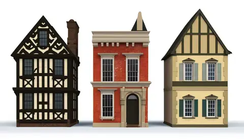 Three distinct houses side by side, showcasing Tudor, Victorian, and Colonial architectural styles in harmony.