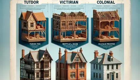 Cross-sectional drawings of Tudor, Victorian, and Colonial houses, offering a visual guide to architectural styles.