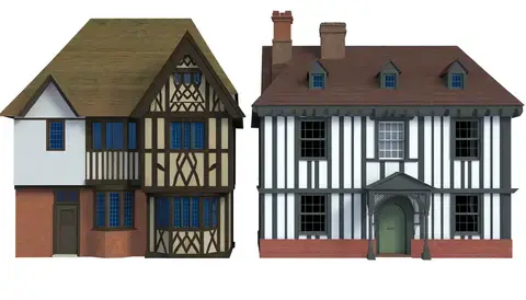 Three houses side by side, embodying Tudor, Victorian, and Colonial architectural styles.